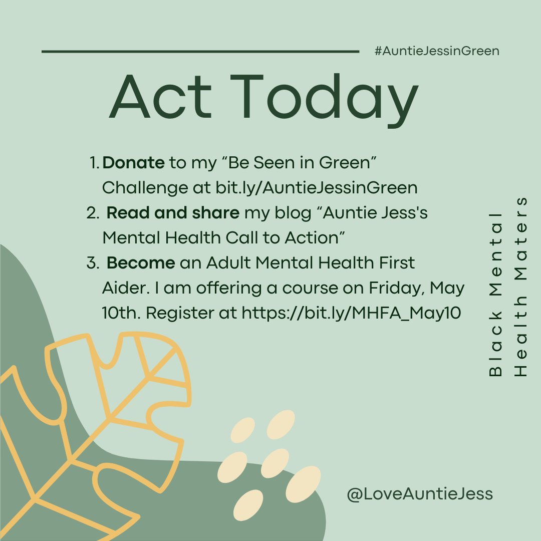 Today marks the beginning of Mental Health Awareness Month! 

More info and resources 🔗 in bio.

#MentalHealthAwarenessMonth #AuntieJessinGreen #BeSeeninGreen #MentalHealthMatters #BlackMentalHealthMatters #SelfCareisNotSelfish