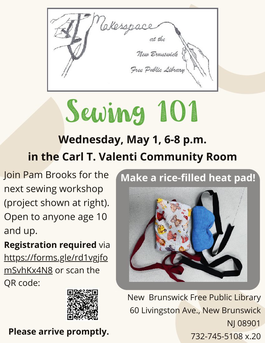 Tonight's #sewing workshop project will be making a heating pad. Registration is already at capacity, but please check back at forms.gle/rd1vgjfomSvhKx… to register for the next one! Visit nbfpl.org/makerspace for more details.
#NBFPLmakerspace #NewBrunswickNJ #LibraryProgram
