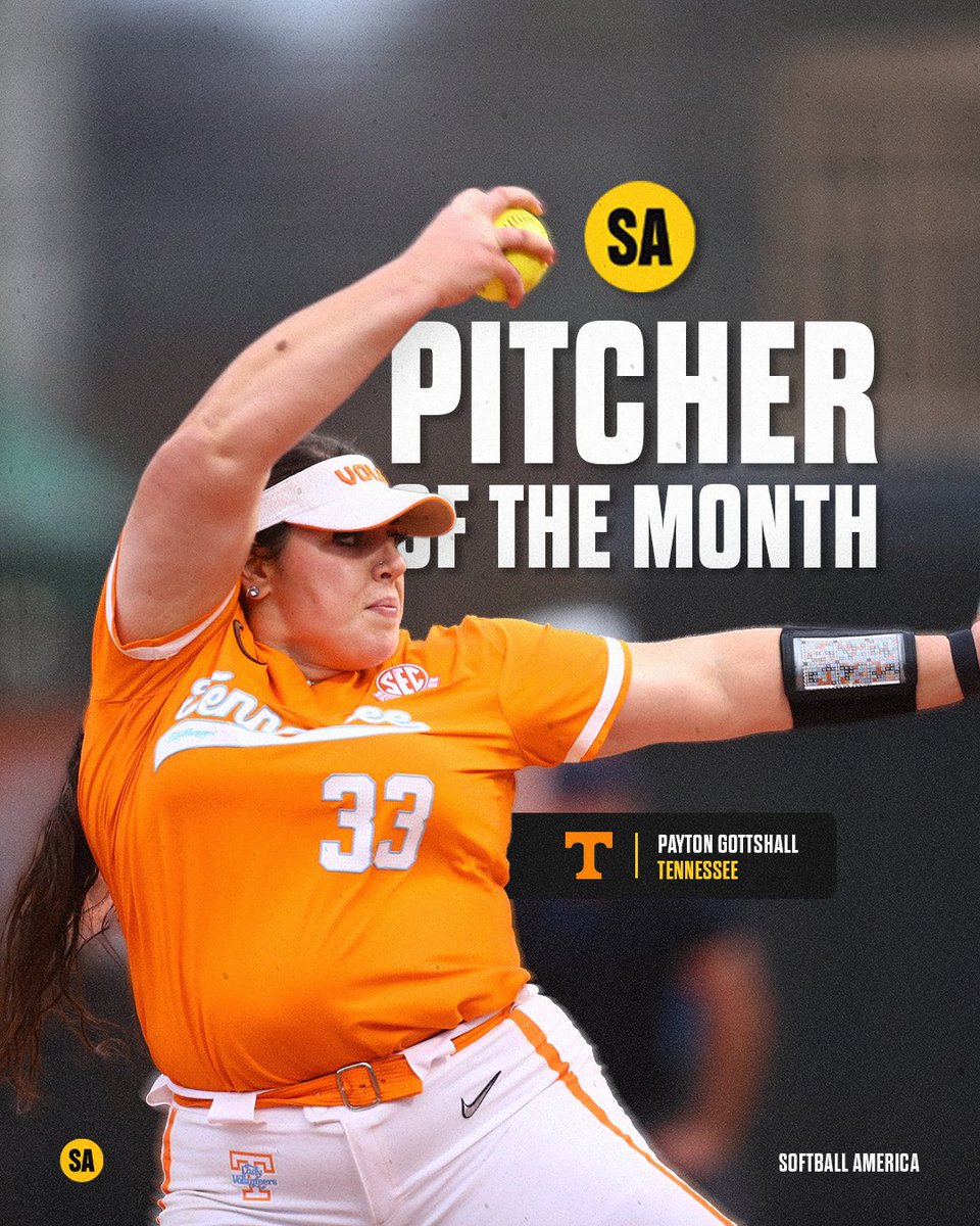 Pitcher of the Month: Payton Gottshall 🤩 Gottshall has had a stellar month, only allowing 3️⃣ earned runs in 41.2 IP 😤 @pgott33 | @Vol_Softball