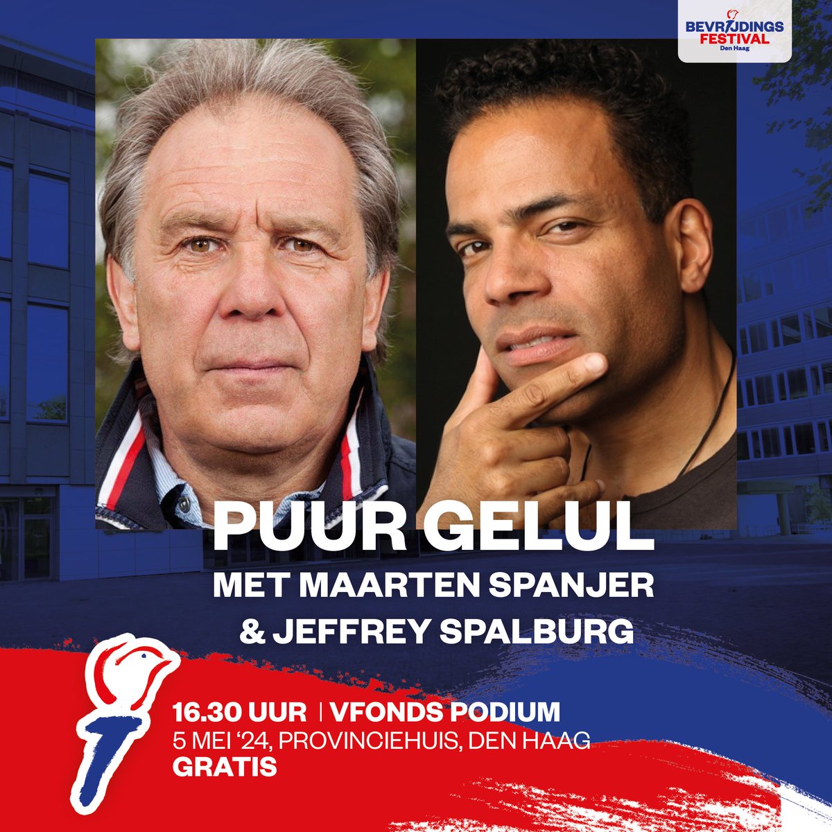 Op 5 mei vieren we de vrijheid, met concerten maar ook met sprekers in het Provinciehuis. Het comedygezelschap Puur Gelul, met Boozy, Karel Kanits, The Sissies en Trio Ossewous, krijgt daar gezelschap van Paula Udondek, Maarten Spanjer en Jeffrey Spalburg.
bevrijdingsfestivaldenhaag.nl