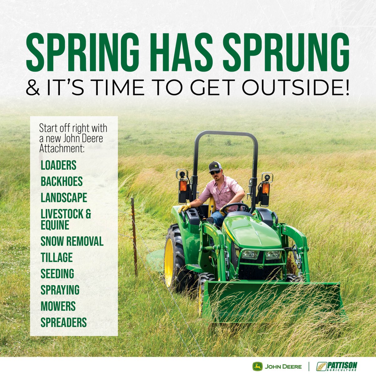 Spring has Sprung! 🌷 It's time to get outside! Start off right with a new John Deere Attachment! Shop Now: ow.ly/v3A650RlFIq #PattisonAg