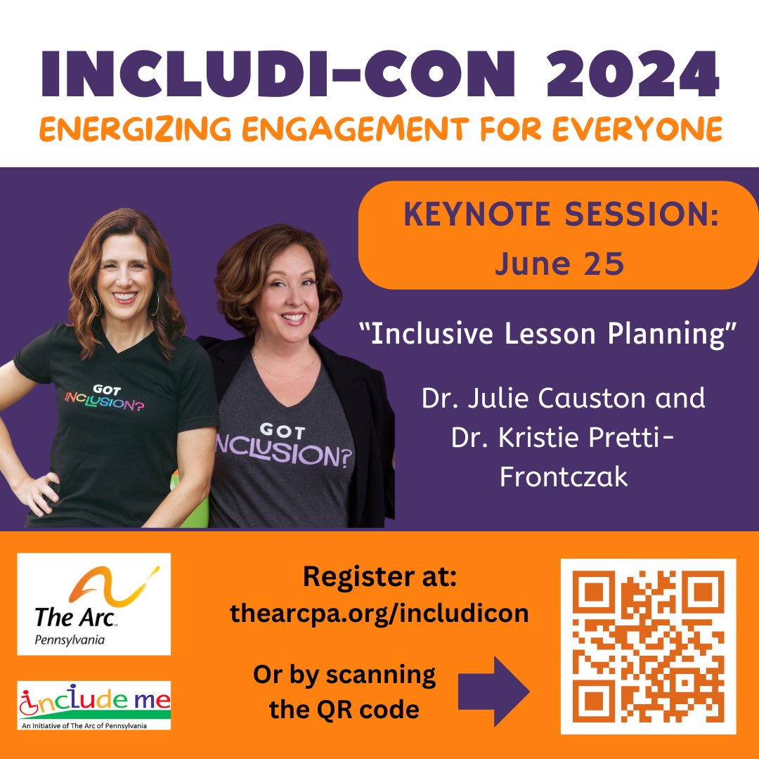 We’re thrilled the Includi-Con keynote speakers on Jun 25 will be Dr. Julie Causton & Dr. Kristie Pretti-Frontczak of @inclusionisedu! “Inclusive Lesson Planning” will show how to improve classroom practices so inclusion's a snap. Register: arcpa.org/includicon #IncludiCon2024