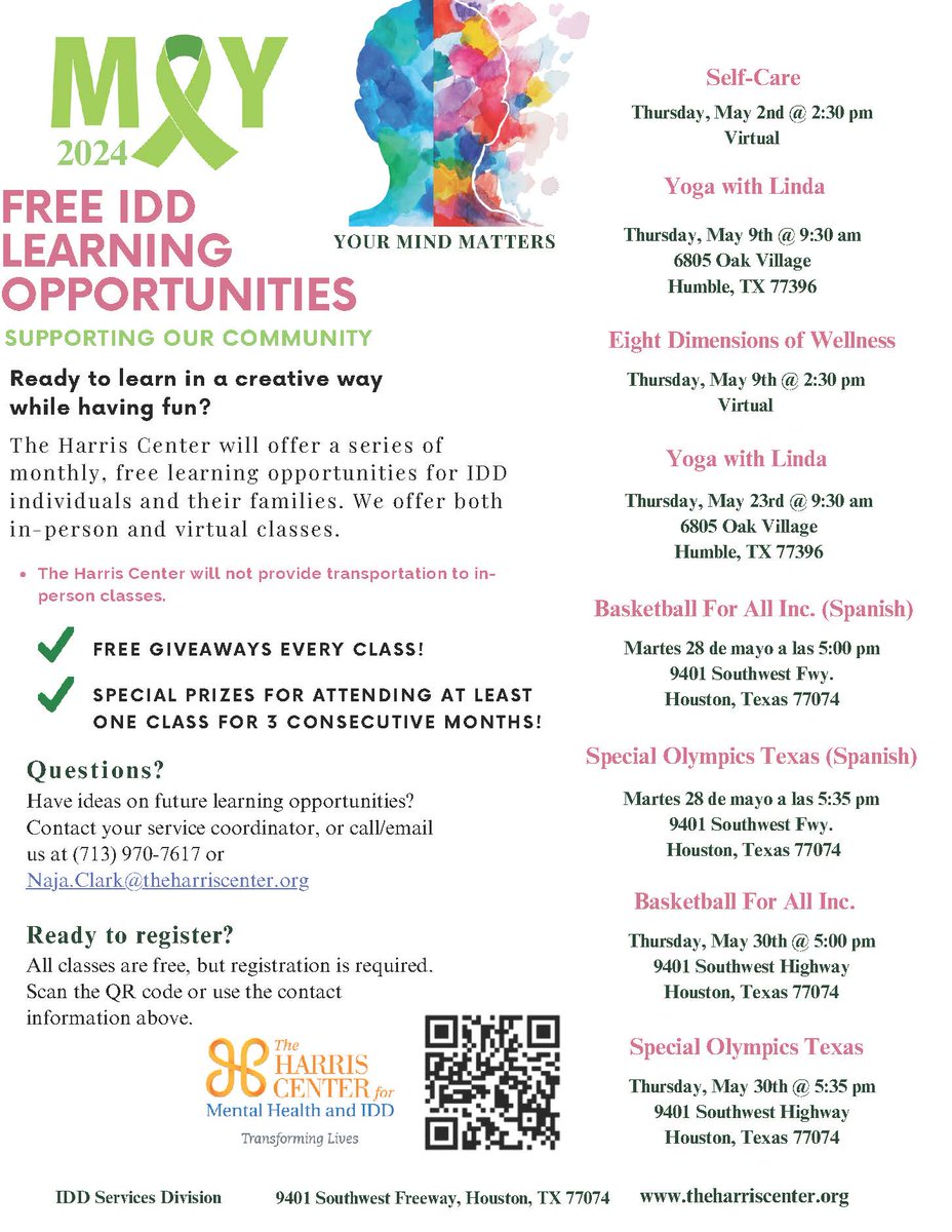 Looking to learn more about IDD support? The Harris Center offers free in-person and virtual IDD learning opportunities every month for IDD individuals and their families. Including free giveaways and special prizes for those who attend! Join us starting May 2nd.