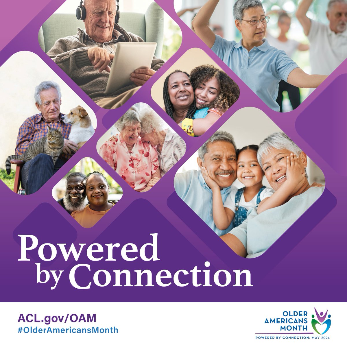 It's #OlderAmericansMonth! Help us celebrate our theme, #PoweredByConnection, by highlighting the importance of social health, promoting opportunities to engage, and sharing stories and strategies that demonstrate the power of connection. Materials at ACL.gov/OAM.