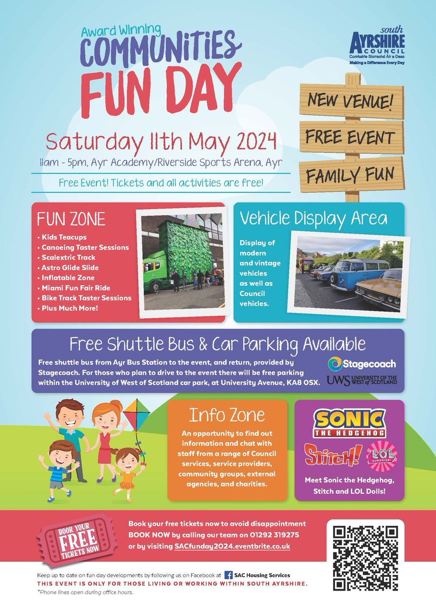 Communities Fun Day is back for 2024🥳 Enjoy a FREE fun day out on Saturday 11th May 2024. Book your free tickets now by 01292 319275 (during office hours) or book online at SACfunday2024.eventbrite.co.uk This event is for those living or working in South Ayrshire.