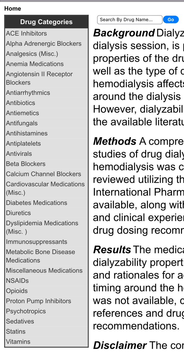 This seems like a really useful resource for drug dosing in dialysis dialyzeihd.com From Heather Naylor’s talk at #CSNAGM precourse! Easy to search, with citations Made by a @BCRenal pharmacist