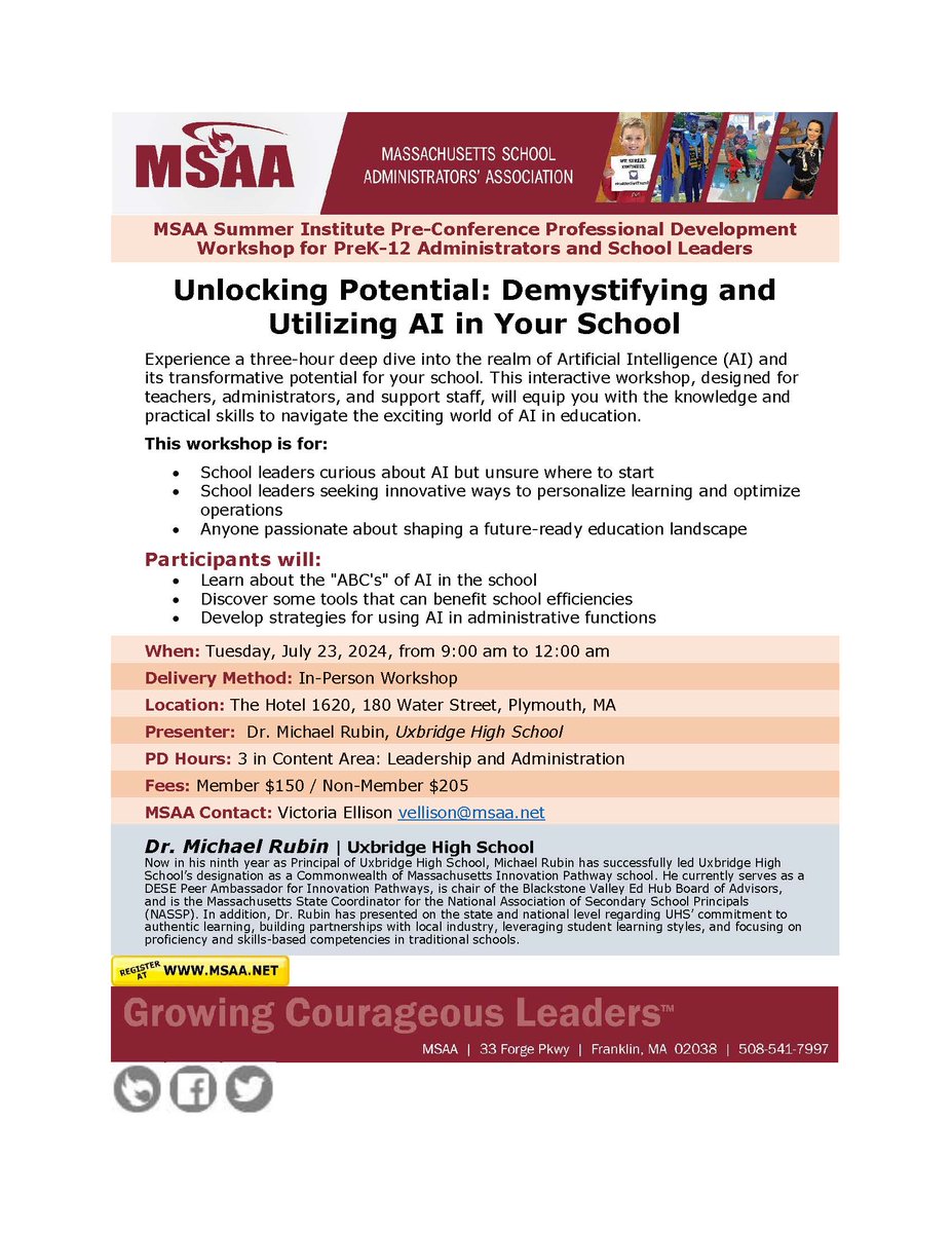MSAA Summer Institute Pre-Conference registration is now open! Michael Rubin will be presenting on Demystifying and Utilizing AI in Your School, July 23rd. Register Now! tinyurl.com/3ucn6j4f @PrincipalJQuinn @SDubzinski @YGB70 @MonetteStacy @MASchoolsK12 @uxbHSPrincipal