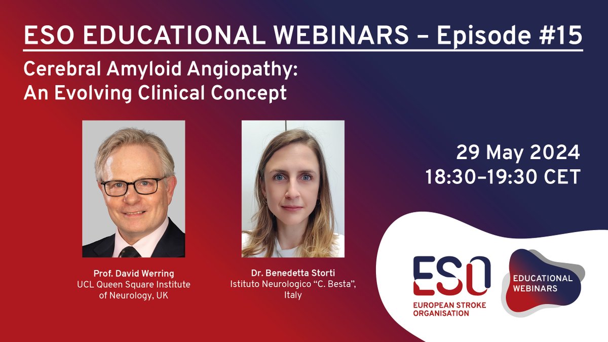 Registration for the next ESO Educational Webinar on Cerebral Amyloid Angiopathy: An Evolving Clinical Concept, is now open! 👉 ow.ly/cKka50RqJnP #stroke #strokeeducation #stroketreatment #strokecare @Ellis_van_Etten @vojtech_no