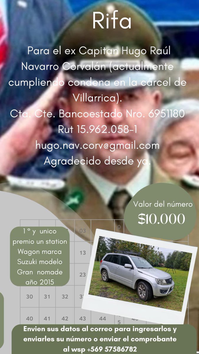 ClaudioCrespoG's tweet image. La familia del cap. Hugo Navarro,  condenado a 7 años de cárcel, están rifando su auto para poder tener dinero para vivir. Hugo no tiene pensión ni ningún ingreso y tiene 2 hijos.
Esta es la situación de muchos @Carabdechile perseguidos por la justicia 

APÓYALOS 🙏🏻
RT