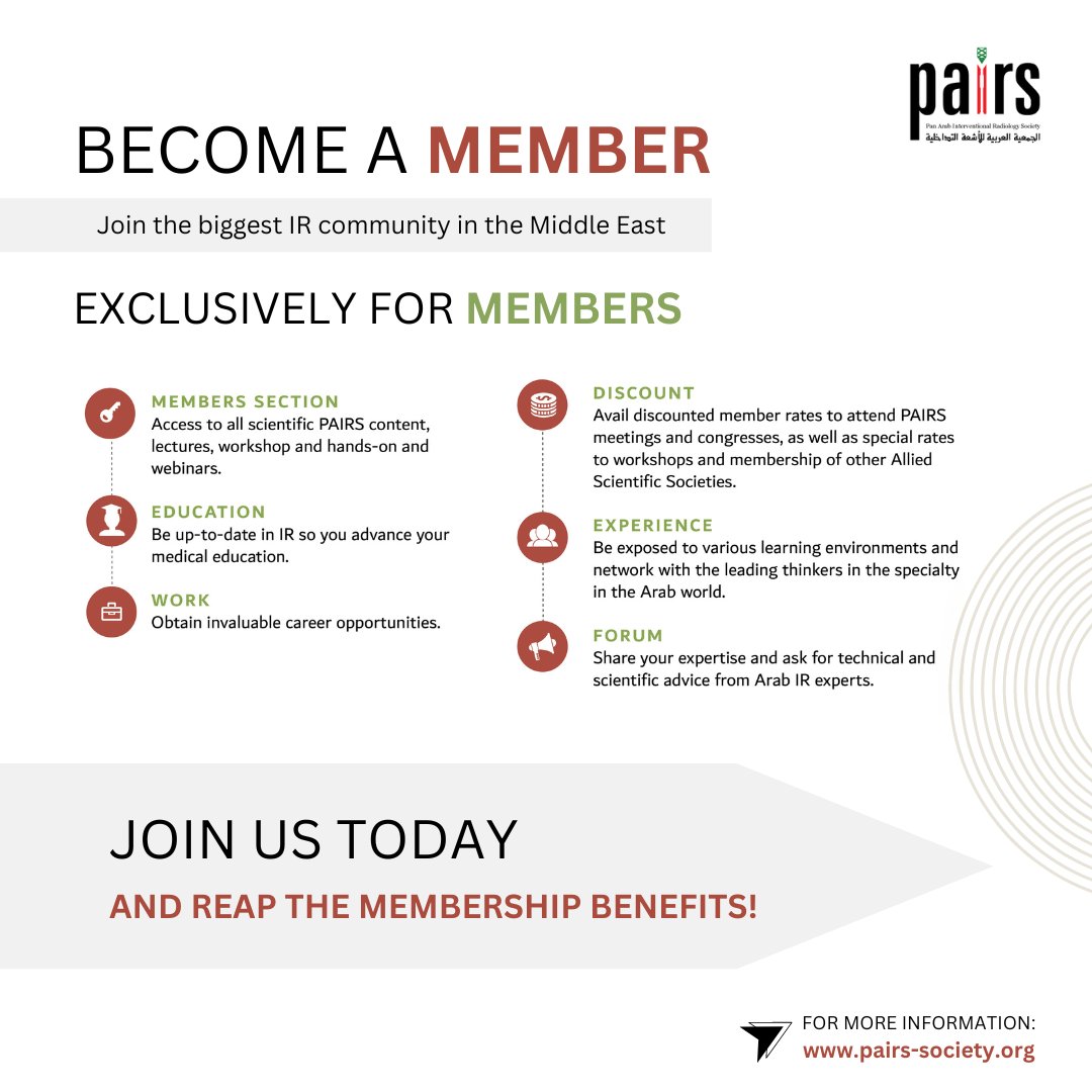 📣Join the Pan Arab Interventional Radiology Society and open doors to countless opportunities. Connect with colleagues and stay updated with the latest in interventional radiology. Don't wait, sign up now! 🔗pairs-society.org