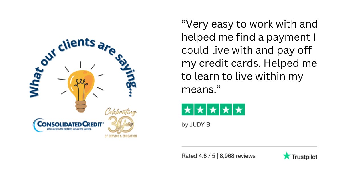 💬#ReviewoftheDay 
🙌Consolidated Credit, helping people get out of debt and get their finances in order since 1993.
☎️Call us – 1-844-450-1789

🥳 #Celebrating30Years #ConsolidatedCredit #Testimonial #Review #DebtManagement #CreditCounseling #HousingCounseling #DebtSucks
