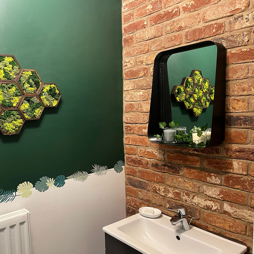 This fusion of traditional materials and green design, just might be the perfect pick for your next bathroom renovation with our brickslips! 🛠️ #InteriorDesign #EcoFriendly #BrickSlips #BathroomDesign #BathroomDecor #MossWall #UrbanJungle #HomeRenovation #GreenLiving #brickslips