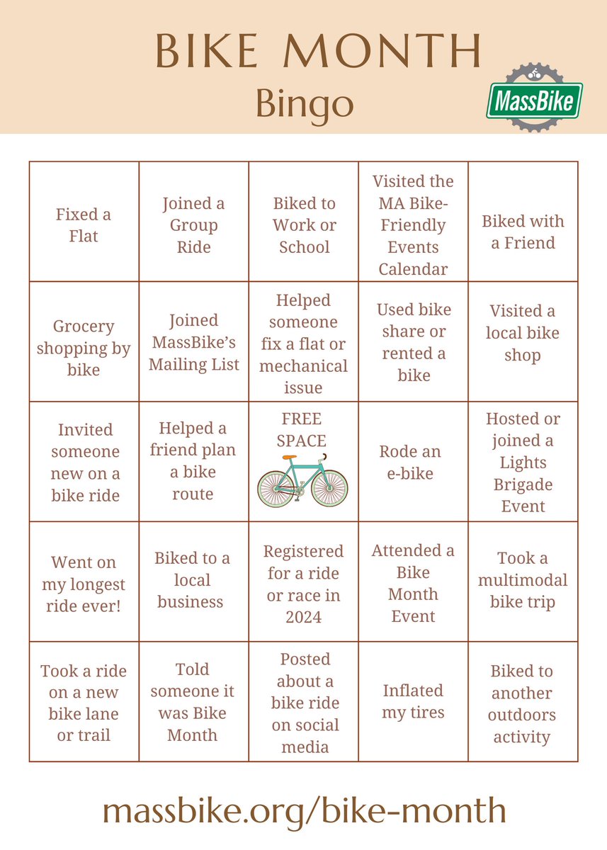 No matter where you live in Massachusetts, celebrate Bay State Bike Month with Bike Month Bingo! Completed Bingo cards enter you for a chance to win an awesome Bay State Bike Month 24 prize pack. Learn more at massbike.org/bike-month
