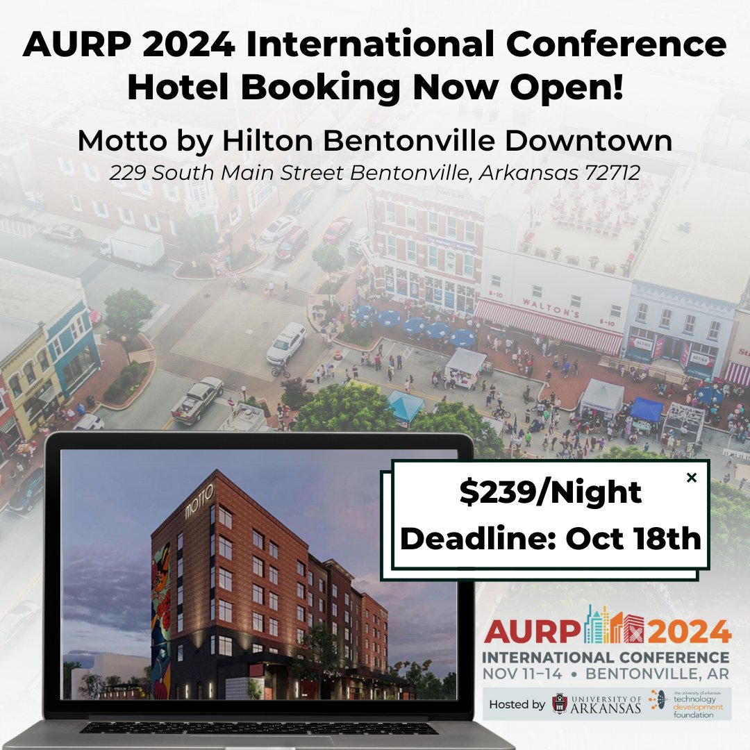 #AURPinAction: We're thrilled to announce Motto by Hilton Bentonville Downtown is our conference hotel for #AURP2024 Int'l Conference (11/11-14), hosted by @UArkansas & U of A Technology Development Foundation! Book your room today! bit.ly/2P5p9fr #ResearchParks