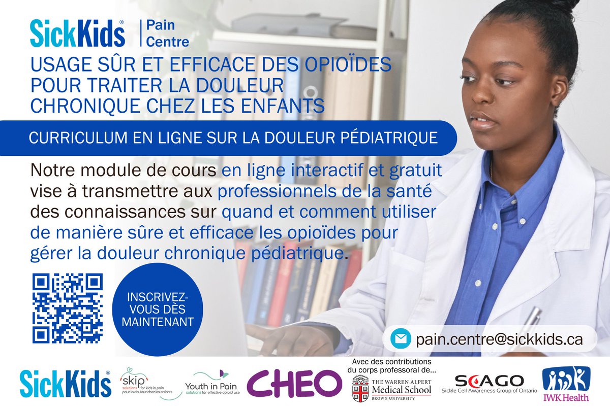 Notre dernier module de cours est conçu pour guider les #ProfessionnelsDeLaSanté sur l'usage sûr et efficace des opioïdes pour traiter la douleur chronique pédiatrique. Inscrivez-vous: bit.ly/4bmXXON Merci @kidsinpain & @GovCanHealth! #ItDoesntHaveToHurt