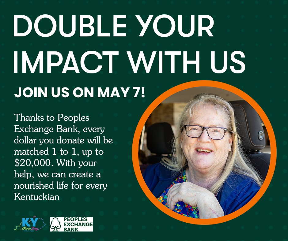 Mark your calendars for May 7th for  #KYGivesDay24! Thanks to @Peoples Exchange Bank, every dollar you donate will be matched 1-to-1, up to $20,000. Help us reach our goal of $40,000 to provide 240,000 meals to our neighbors.
Donate at kygives.org/organizations/…
#GPFB