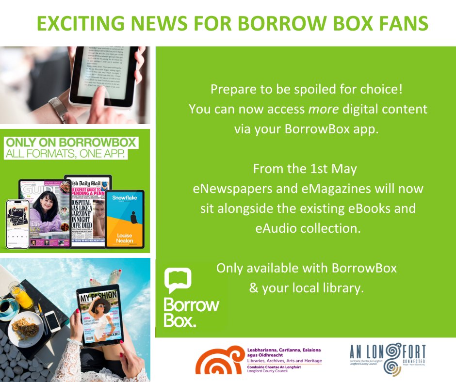 Exciting news for BorrowBox fans! You can now access eMagazines and eNewspapers right from your BorrowBox app!

Not a BorrowBox user? Click here to sign up today! longfordlibrary.ie/library/your-l…

#BorrowBox #Longford