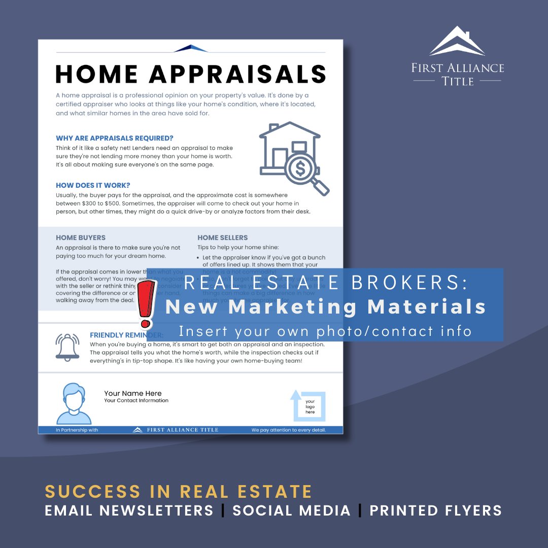 🏡 Empower your clients with our guide to home appraisals. 

To get the template, send an email to sales@firstalliancetitle.com

#denverrealestate #boulderrealestate
#denverbroker #boulderbroker #denverrealtor #denverinvestors #boulderinvestors #cherrycreeknorth #coloradorealtor