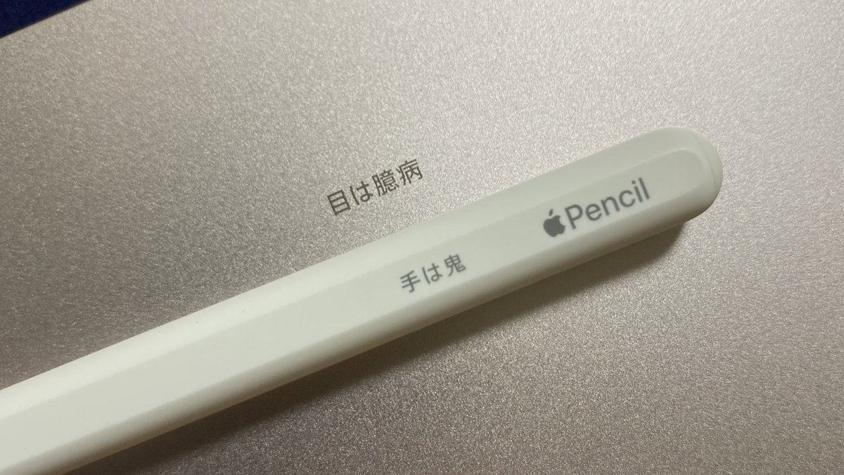 私のiPadとPencilの刻印 「目は臆病 手は鬼」 母の座右の銘