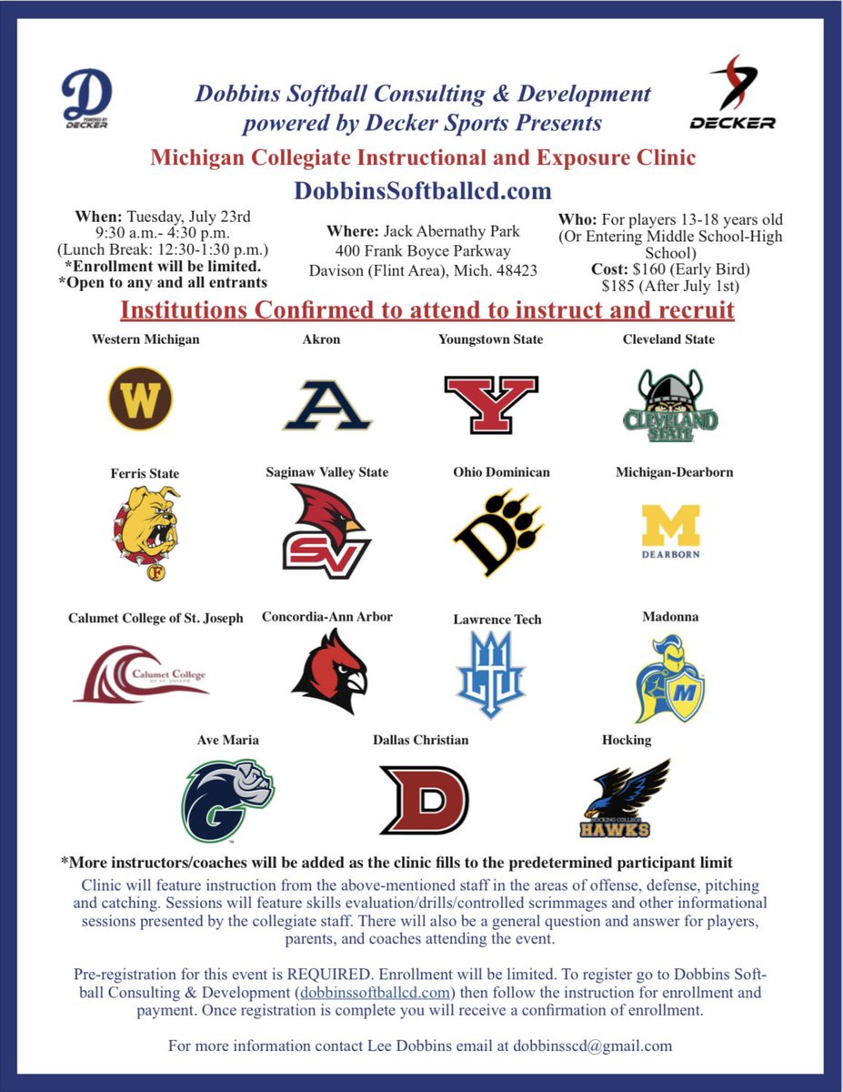 This was a super-popular instructional and exposure clinic last summer and winter in Michigan. Looking forward to being back in July with this collegiate staff! dobbinssoftballcd.com/michigan-colle… #DobbinsSoftball #DeckerSports