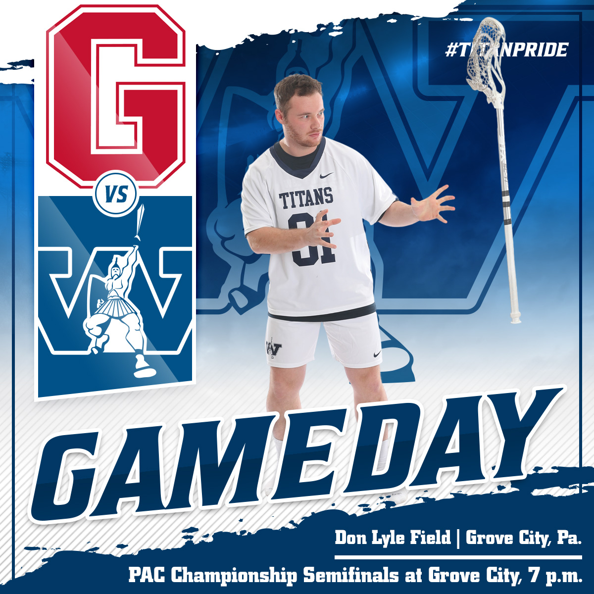 Men's lacrosse will travel to take on Grove City in the PAC Championship Semifinals at Don Lyle Field. Good luck Titans!

🆚Grove City
🕖7 p.m.
📍Grove City, Pa.
📺vimeo.com/showcase/10978…

#d3mlax #pacmlax #titanpride⚔️