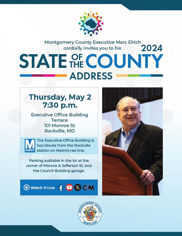Join @MontCoExec Marc Elrich for the State of the County Address tomorrow at 7:30 PM! 🏛️ Hear about our progress and future plans for the County live in Rockville or streamed live here, our Facebook page & YouTube channel. Free event w/light refreshments. ow.ly/3rKF50Rtrfu