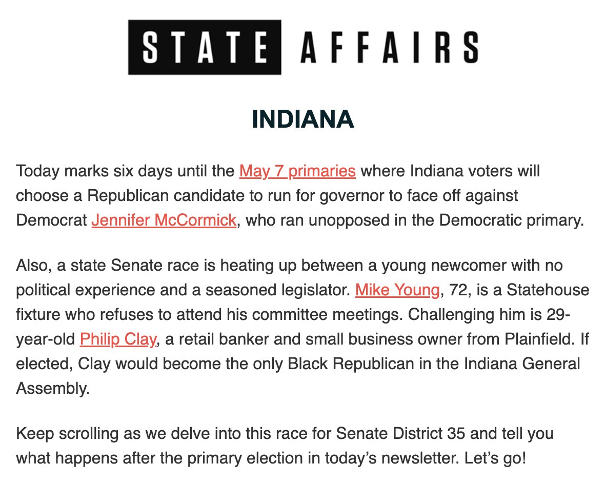 Our weekly #Indiana newsletter is in your inbox 📥

In this week’s edition:
✍️ What to know about the upcoming primary election
✍️ 6 races to watch in the primary election
✍️ A battle to represent Senate District 35
✍️ Indiana’s historic surge of Black mayoral leadership