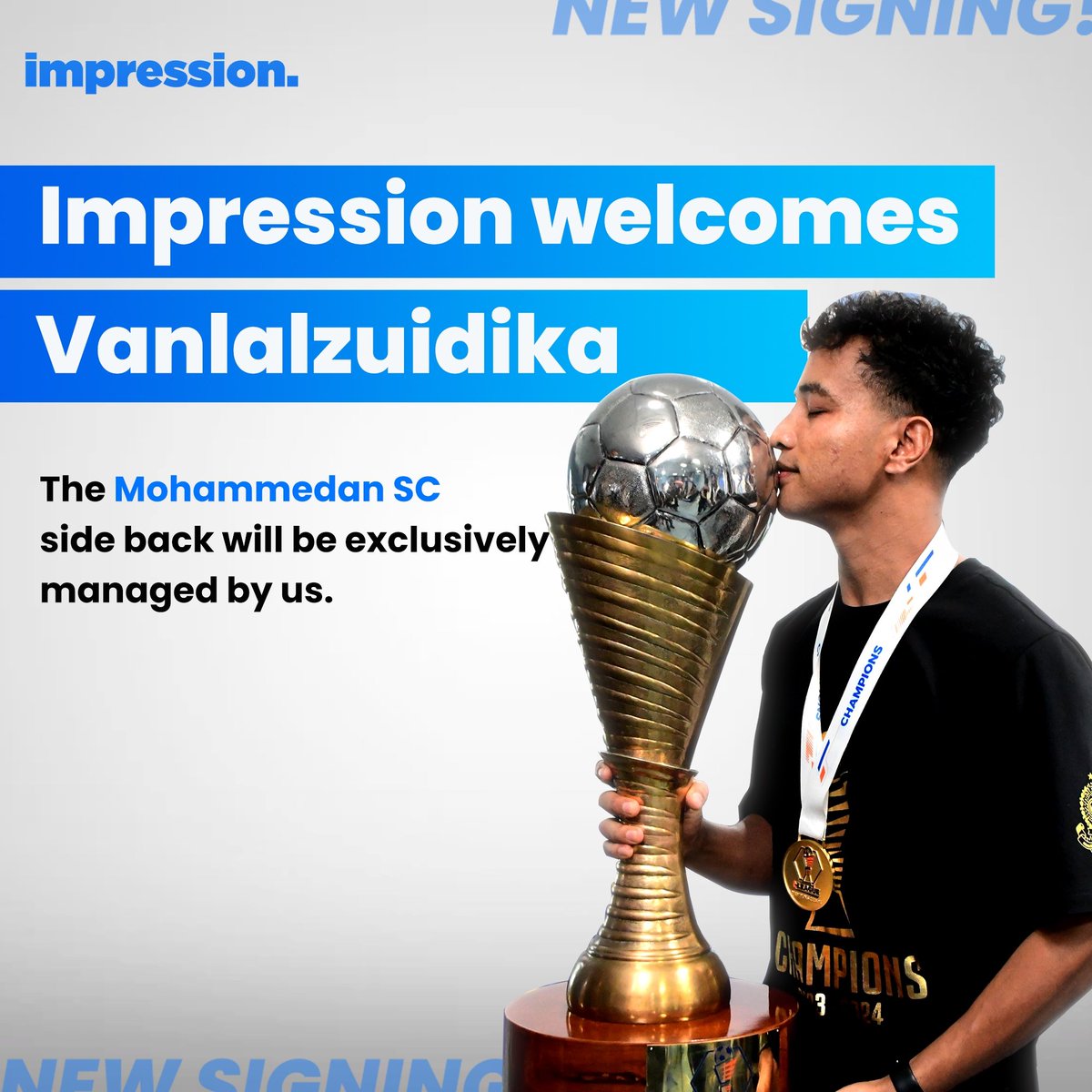 🚨NEW ATHLETE INCOMING‼️

We are happy to announce that Vanlalzuidika has joined Impression!

The 26 years old Mizoram born side back has recently won I league with Mohammedan SC.

Welcome to the tribe Vanlalzuidika!!💪

#ImpressionAthlete #IndianFootball #TeamImpression