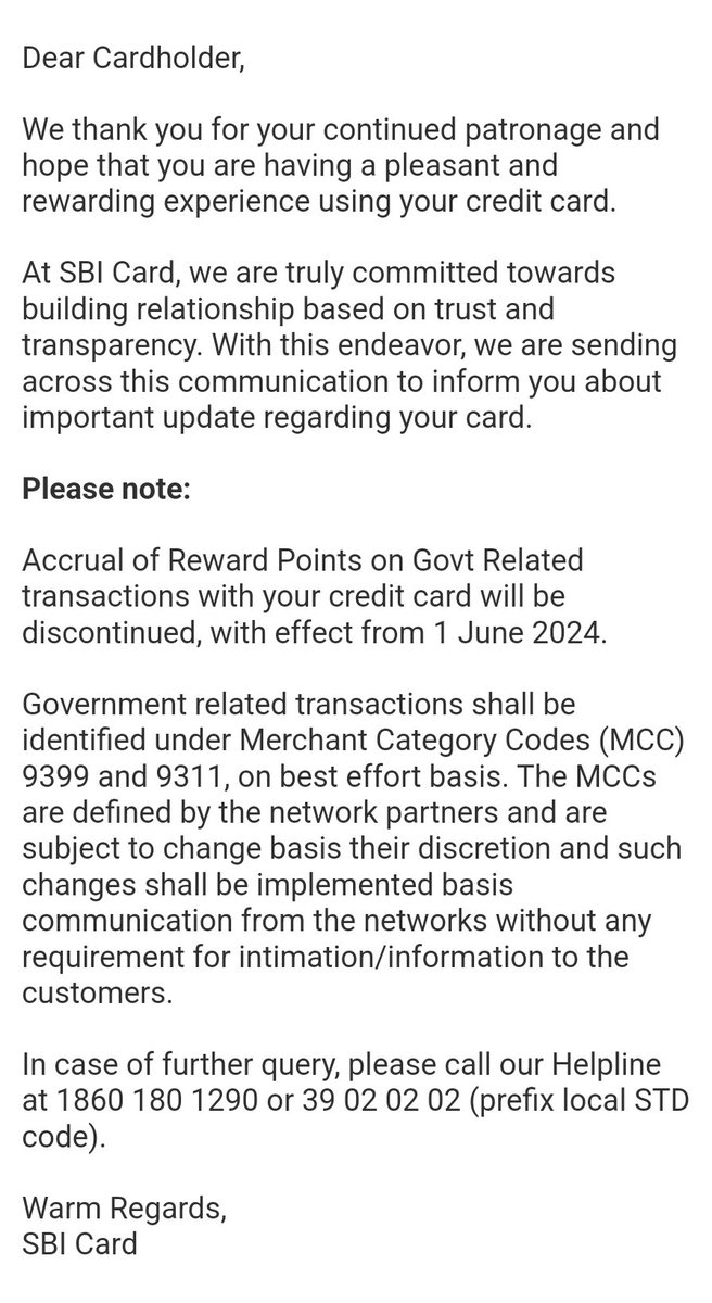 SBI joins devaluation party 🙀🤦 Accrual of Reward Points on Govt Related transactions with your credit card will be discontinued, with effect from 1 June 2024.