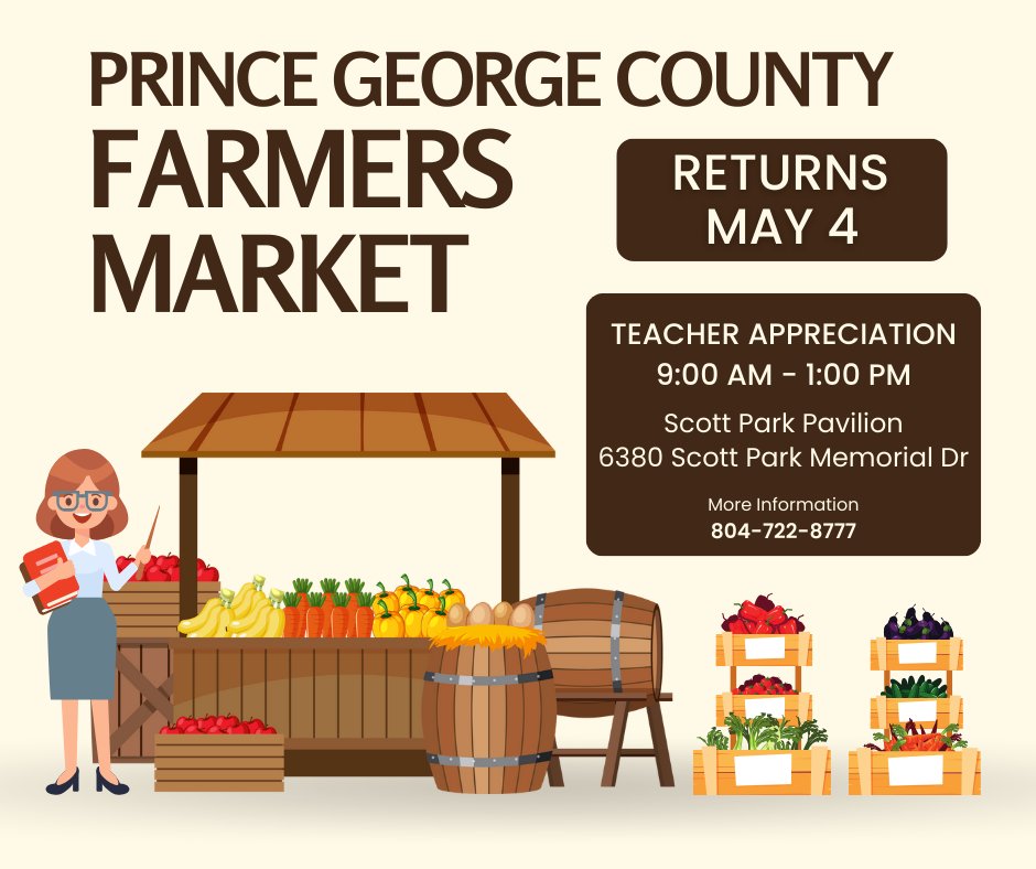 Get ready! The PG Farmers Market is back on May 4 with a Teacher Appreciation Event. Come out to 6380 Scott Memorial Drive from 9 AM - 1 PM on Saturdays for fresh fruits and veggies and so much more. Read all about it at: cms1.revize.com/revize/princeg… #FarmersMarket #MarketSeason