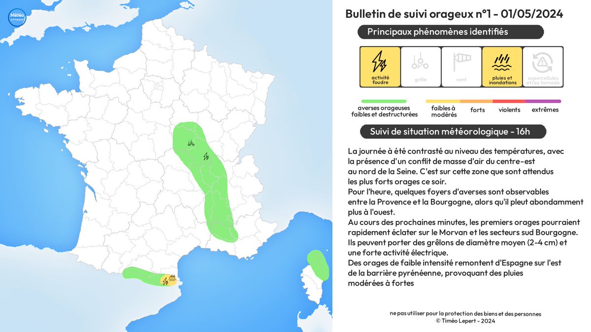 ➡️⚡ [DEBUT DE SUIVI] - 16H

Des #orages sporadiques intéressent l'est des Pyrénées. Des départs orageux vont s'effectuer dans les prochaines minutes en Bourgogne et sur le Lyonnais, ils peuvent être forts.
⚠️ Restez informés. #VigilanceOrange