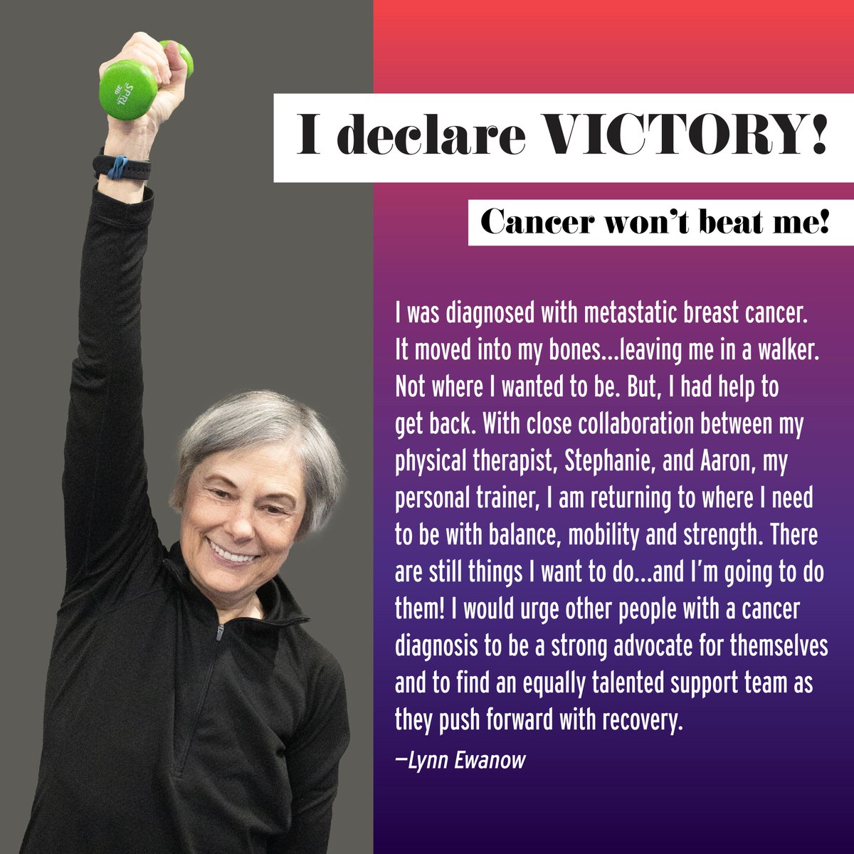 We couldn't be more proud of Lynn for putting in the hard work & continuing to improve her quality of life! Cancer survivors & those undergoing cancer treatment deserve to move confidently into survivorship & function at their highest level. Our dedicated PTs are here to help!