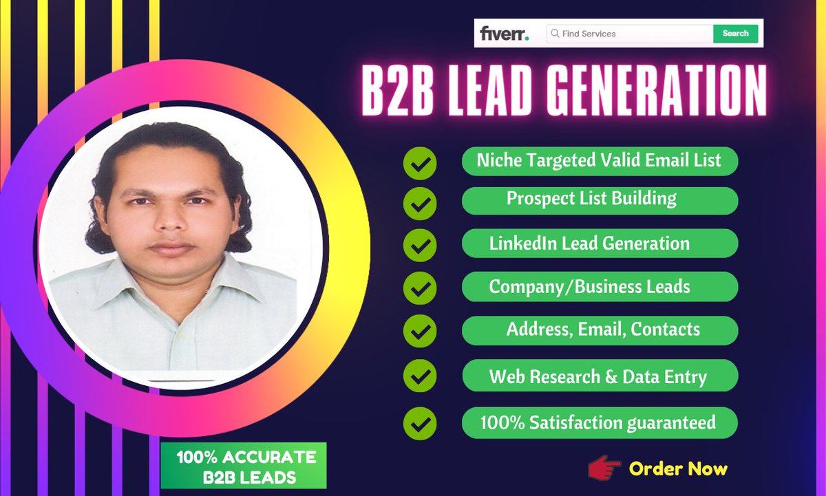 I will do b2b lead generation and linkedin leads for any industries #b2b #leads #leadgeneration #emaillisting #webextracting #mining #DataEntry #datacollection #saleslead #sales #marketing #branding #digitalmarketing #advertising #ecommerce More info: fiverr.com/s/eZ66K4