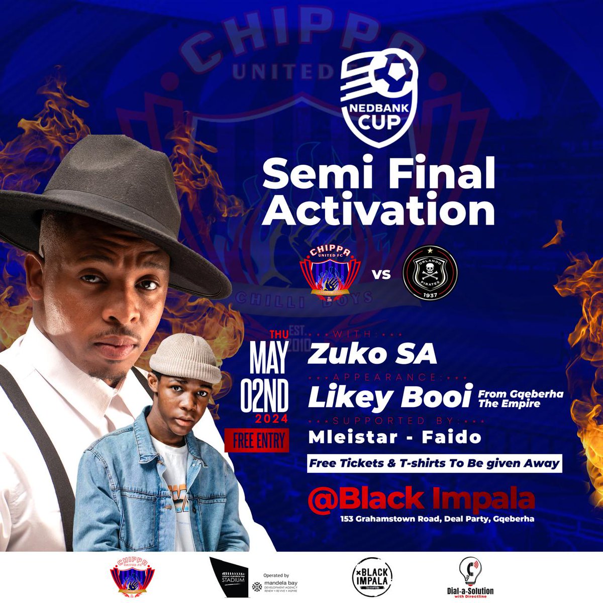 Come check out the Semifinal Activation at Black Impala tomorrow night and stand a chance to win tickets and shirts for the Nedbank Cup Semifinal between @orlandopirates and @ChippaUnitedFC taking place at the @NMB_Stadium 4 May 2024.