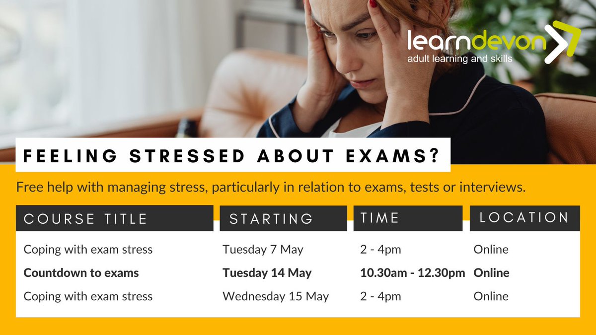 Don't let the pressure of #exams get you down 😢

Join one of our free exam stress-management workshops - plenty of help available to get you through this challenging time.

Find our courses online 👇

learndevon.co.uk/courses/query/…

#Devon #AdultLearning