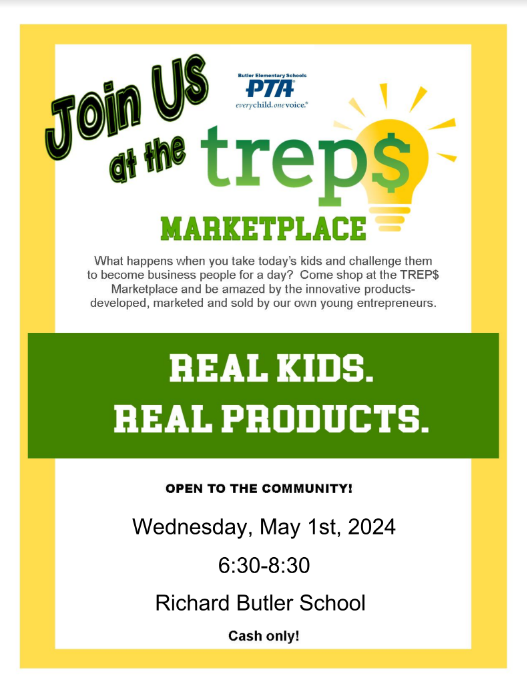 RBS TREP$ Marketplace is tonight, Wednesday, 5/1 from 6:30-8:30pm. The entire community is invited, so bring your cash to support our student entrepreneurs!
