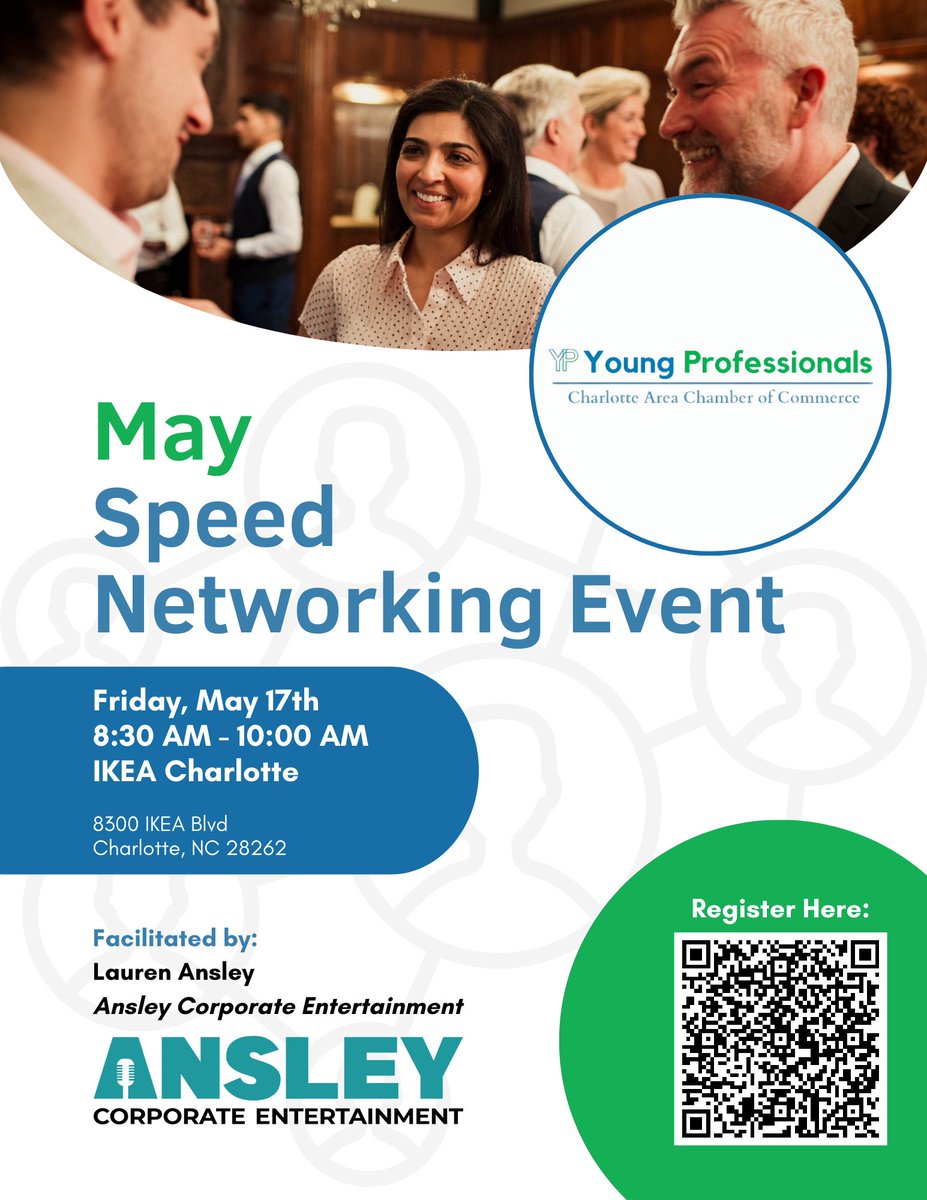 Join us Friday, May 17th at 8:30 AM for our first speed networking event with the Charlotte Area Chamber of Commerce Young Professionals group!
📍 Location: Ikea
🗓️ Friday, May 17th
🕒 8:30AM-10:00AM
 Register at: bit.ly/3UpUt7e
#Networking #YoungProfessionals