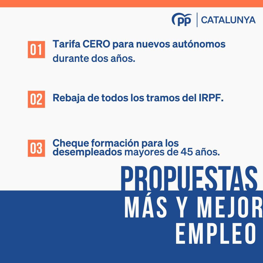 Estas son algunas de las propuestas del @PPCatalunya , @alejandroTGN para Cataluña: ⭐️Tarifa CERO para nuevos autónomos durante dos años. ⭐️Rebaja de todos los tramos del IRPF. ⭐️Cheque formación para los desempleados mayores de 45 años