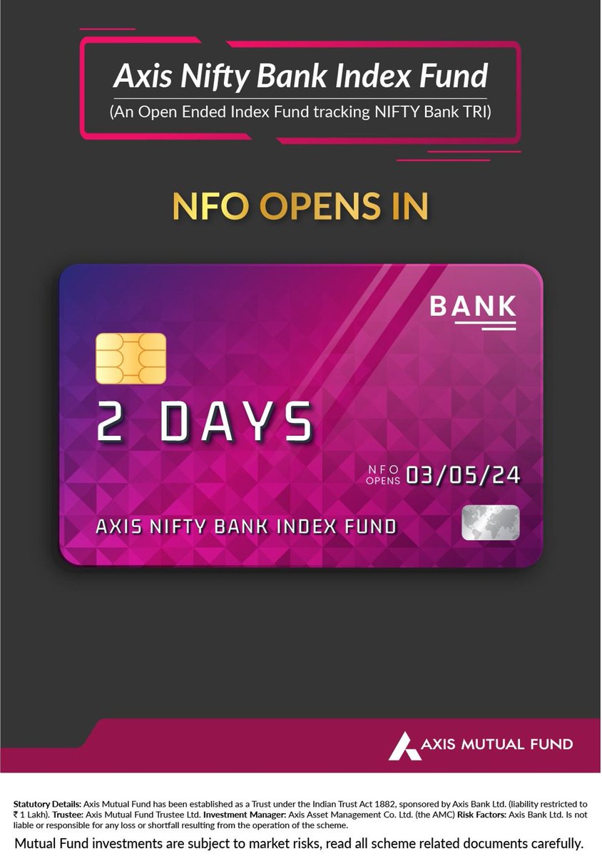 AxisMutualFund's tweet image. Axis Nifty Bank Index Fund NFO is launching soon, providing a strategic entry point into a thriving industry. Don&apos;t miss out on this amazing opportunity to invest in your future. Only 2 days to go!