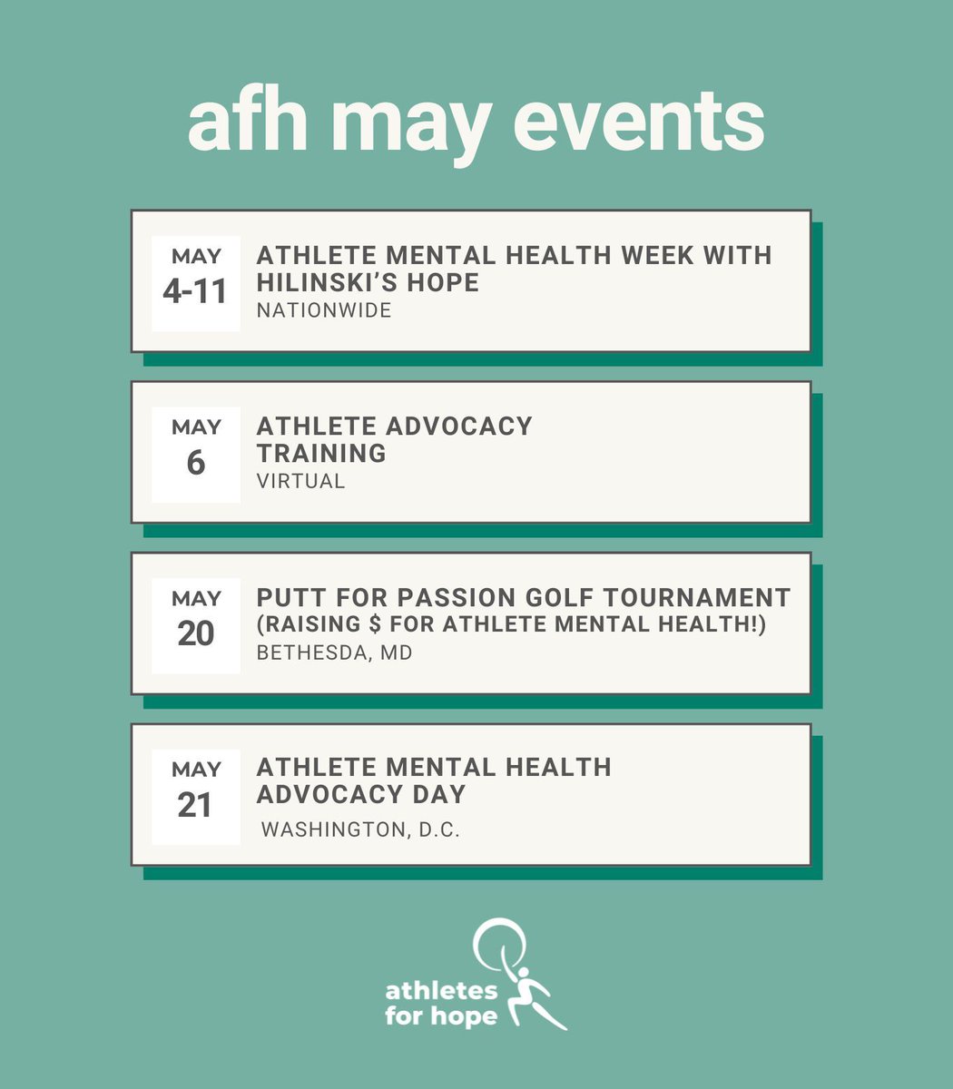 Happy #MentalHealthAwarenessMonth! Through our Whole Being Athlete program, we are thrilled to work alongside athletes and partners all month long to elevate athlete voice and address #mentalhealth stigma. 🗓️ Mark your calendars for these key dates and stay tuned for more!