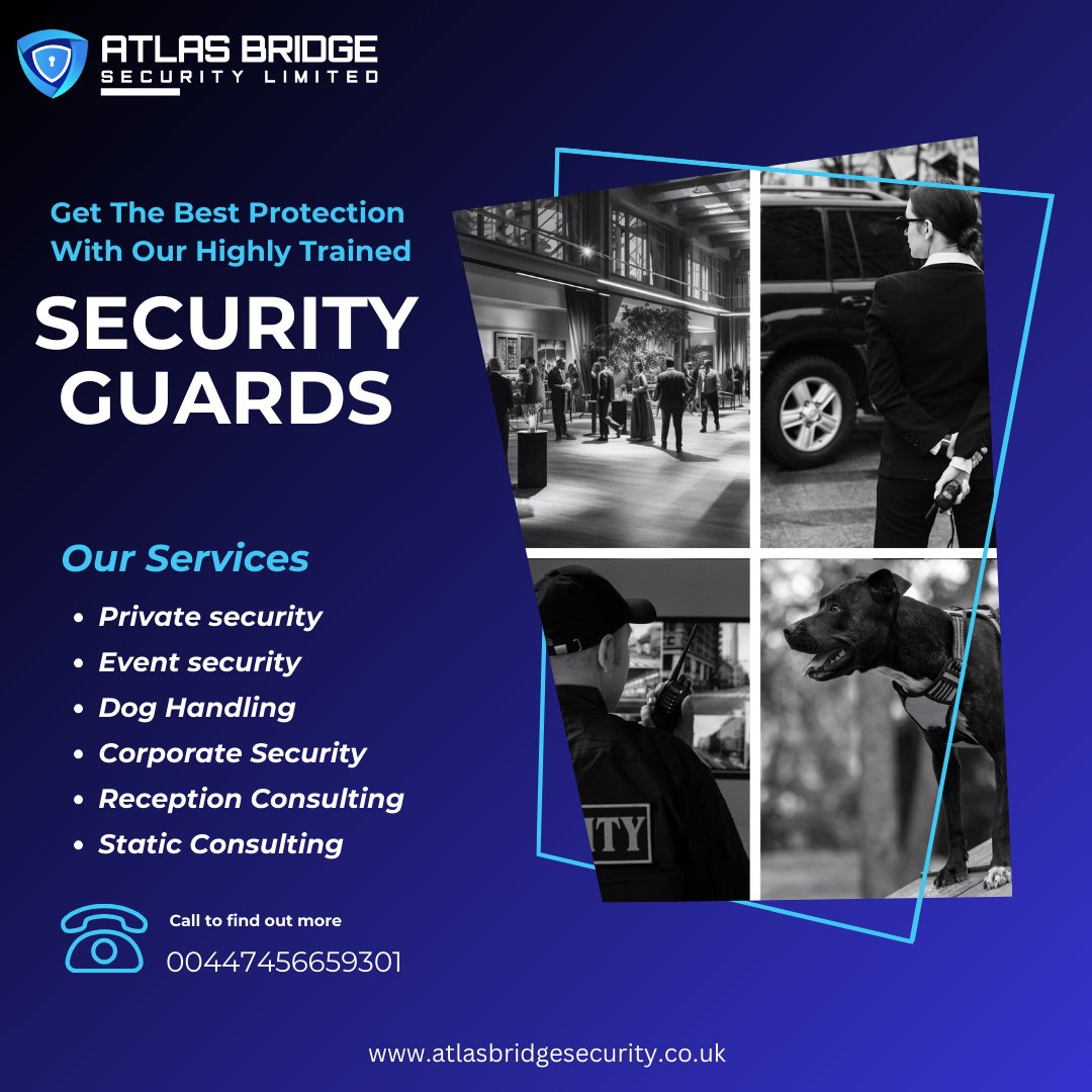Atlas Bridge Security offers a comprehensive range of services including professional security guards, event security, dog handling, static consulting and reception consulting. Trust us to safeguard your assets and provide top-notch security solutions. 
 #securityguard #London
