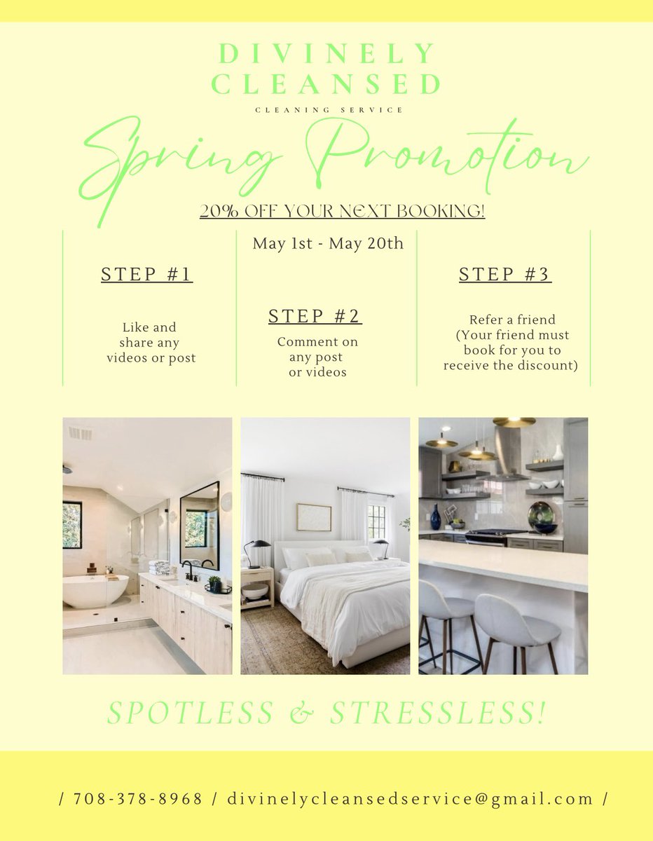 Spring is here and Divinely Cleansed is having its FIRST promotion EVER! Follow the 3 steps to earn 20% off your next booking. 

To book text (708)-378-8968 or email divinelycleansedservice@gmail.com 

#divinelycleansed #fypシ゚viral #cleaningservices