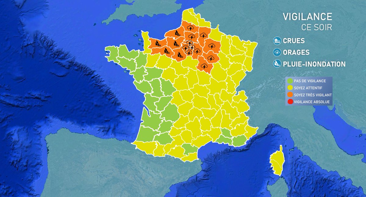 ⚠️VIGILANCE

CE SOIR
🟧 19 départements en vigilance orange
🟨 57 départements en vigilance jaune

🟠Paramètre en #vigilanceorange
💦Crues
⚡️Orages
🌧️Pluie-inondation

🟡Paramètre en #vigilancejaune
🏔️Avalanches