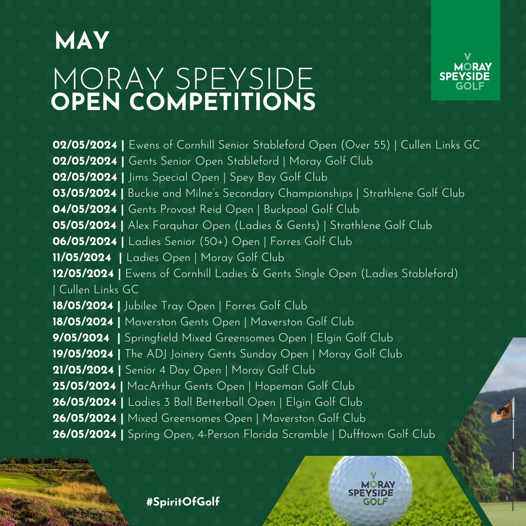 Looking for something to play in this month in Moray Speyside ⛳ #SpiritOfGolf #MoraySpeysideGolf

Check out the Open Competitions taking place in Moray Speyside this month and sign up now 👇
morayspeysidegolf.com/moray-speyside…