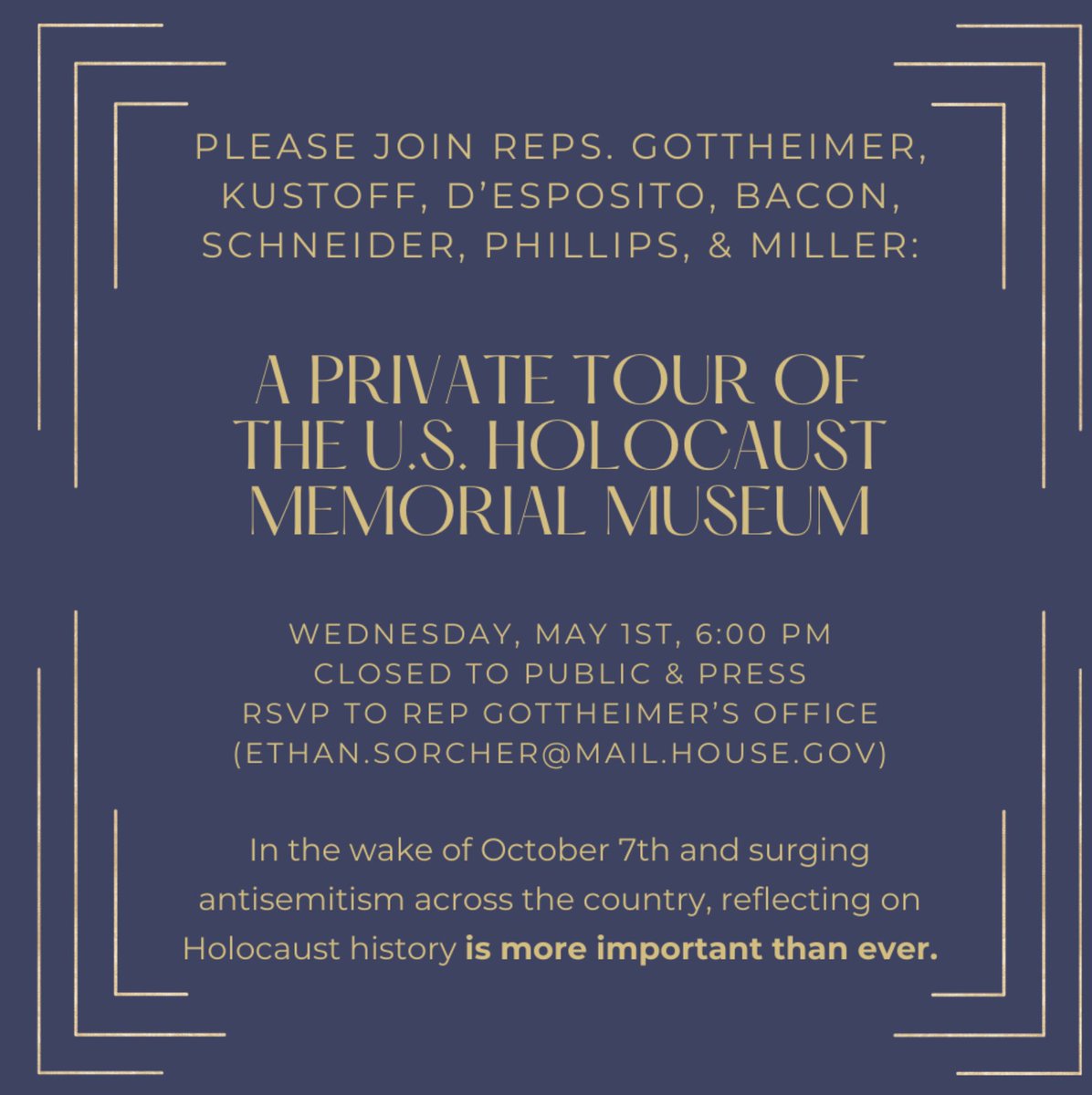 >@RepJoshG, @RepDavidKustoff, @ANTHONYDESPO, @RepDonBacon, @RepSchneider, @RepDeanPhillips and @MaxMillerOH are leading a tour of the Holocaust museum this evening.