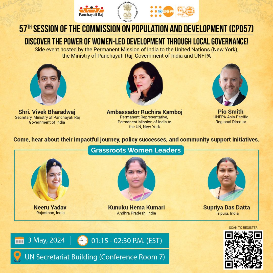 TripuraPanch's tweet image. Join us on May 3rd as Indian women leaders showcase grassroots solutions for #SDGs at #CPD57, hosted by Permanent Mission of India to the UN &amp;amp; UNFPA, supported by Ministry of Panchayati Raj. From #GramToGlobal.
🗓️: 10:45 PM IST
Livestream link: webtv.un.org/en/asset/k1e/k…
#ICPD30