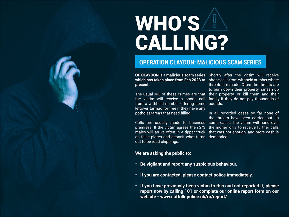 Please be aware of a current scam that begins with a phonecall from a withheld number to business premises. If you have been contacted or have previously been victim to this and not reported it, call 101 or report it on our website - orlo.uk/R56Xt