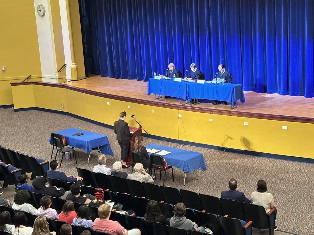Oral arguments are underway for the First District of the Appellate Court at Riverside-Brookfield High School. Justice Mary Mikva is presiding along with Justice Freddrenna Lyle and Justice David Navarro, who is a graduate of the school.