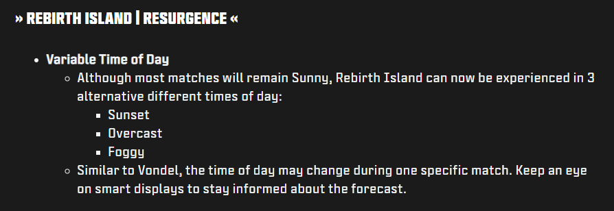 🚨 REBIRTH ISLAND: VARIABLE TIME OF DAY 🚨

Just like Vondel, Rebirth Island can now be experienced in 3 alternative different times of day. This includes Sunset, Overcast and Foggy 😤

They added Fog to Rebirth, how do we feel? 😭