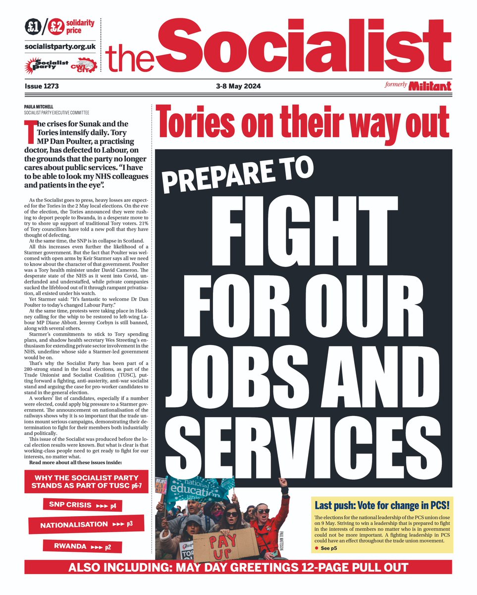 Make sure you check out the #MayDay edition of the Socialist newspaper It includes features on nationalisation, Sunak's desperate Rwanda scheme, the crisis in the SNP and why the Socialist Party stands as part of TUSC. Read it here socialistparty.org.uk/the-socialist-…